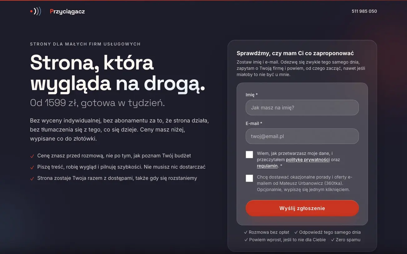 Landing Przyciągacza pod reklamy: ciemny nagłówek „Strona, która wygląda na drogą” z ceną i formularzem obok