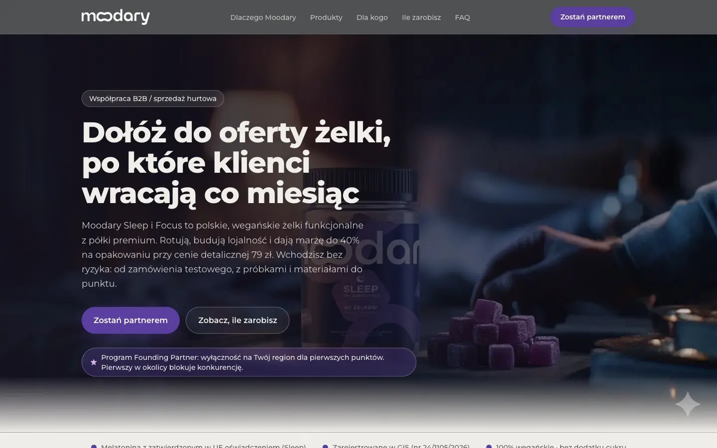 Strona hurtowa Moodary dla partnerów: nagłówek o współpracy B2B z przyciskiem Zostań partnerem