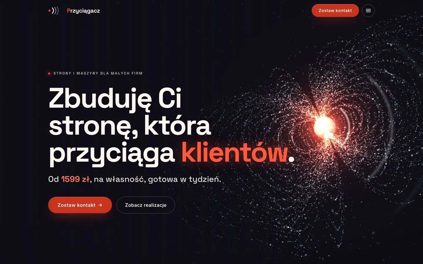 Strona Przyciągacza: ciemny nagłówek z hasłem „Zbuduję Ci stronę, która przyciąga klientów”