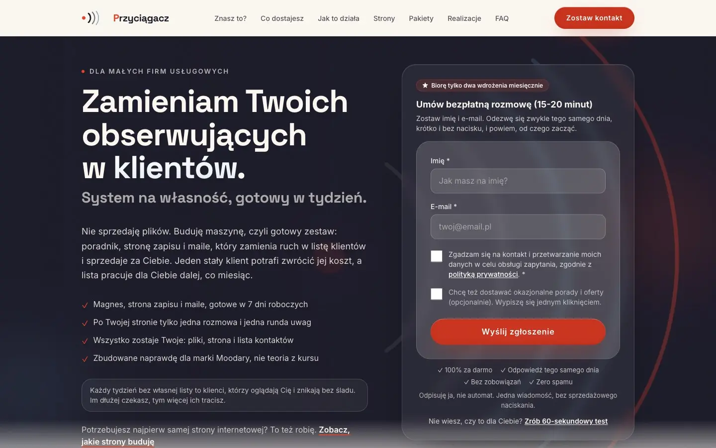 Strona Przyciągacza: ciemny nagłówek z hasłem o zamianie obserwujących w klientów i formularzem zapisu