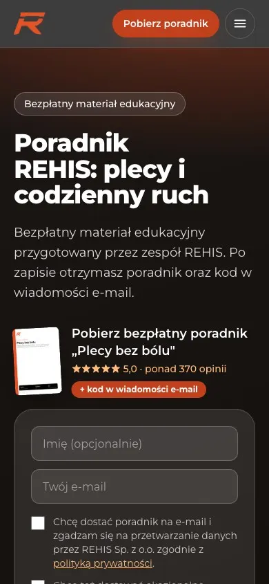 Strona zapisu zbudowana dla kliniki REHIS, widok na telefonie: nagłówek poradnika i formularz zapisu